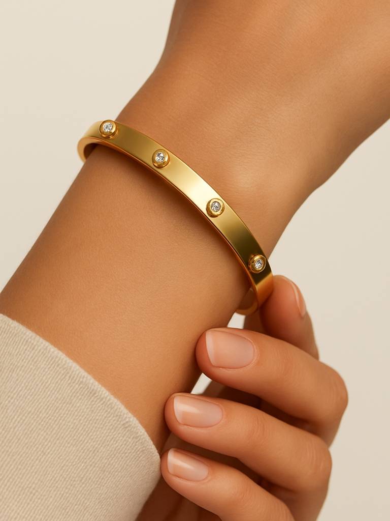 8K Gold Plated Small Stone Cuff Bracelet Anti Tarnish & Waterproof