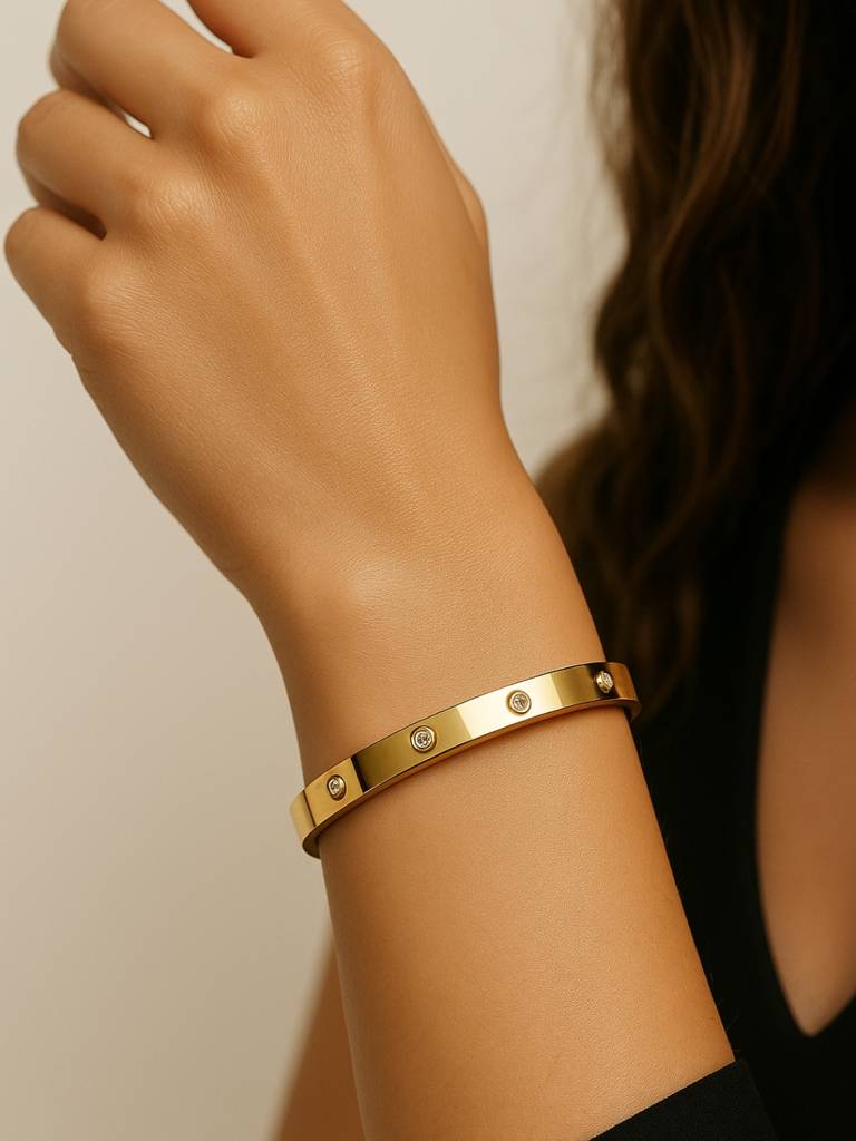 8K Gold Plated Small Stone Cuff Bracelet Anti Tarnish & Waterproof