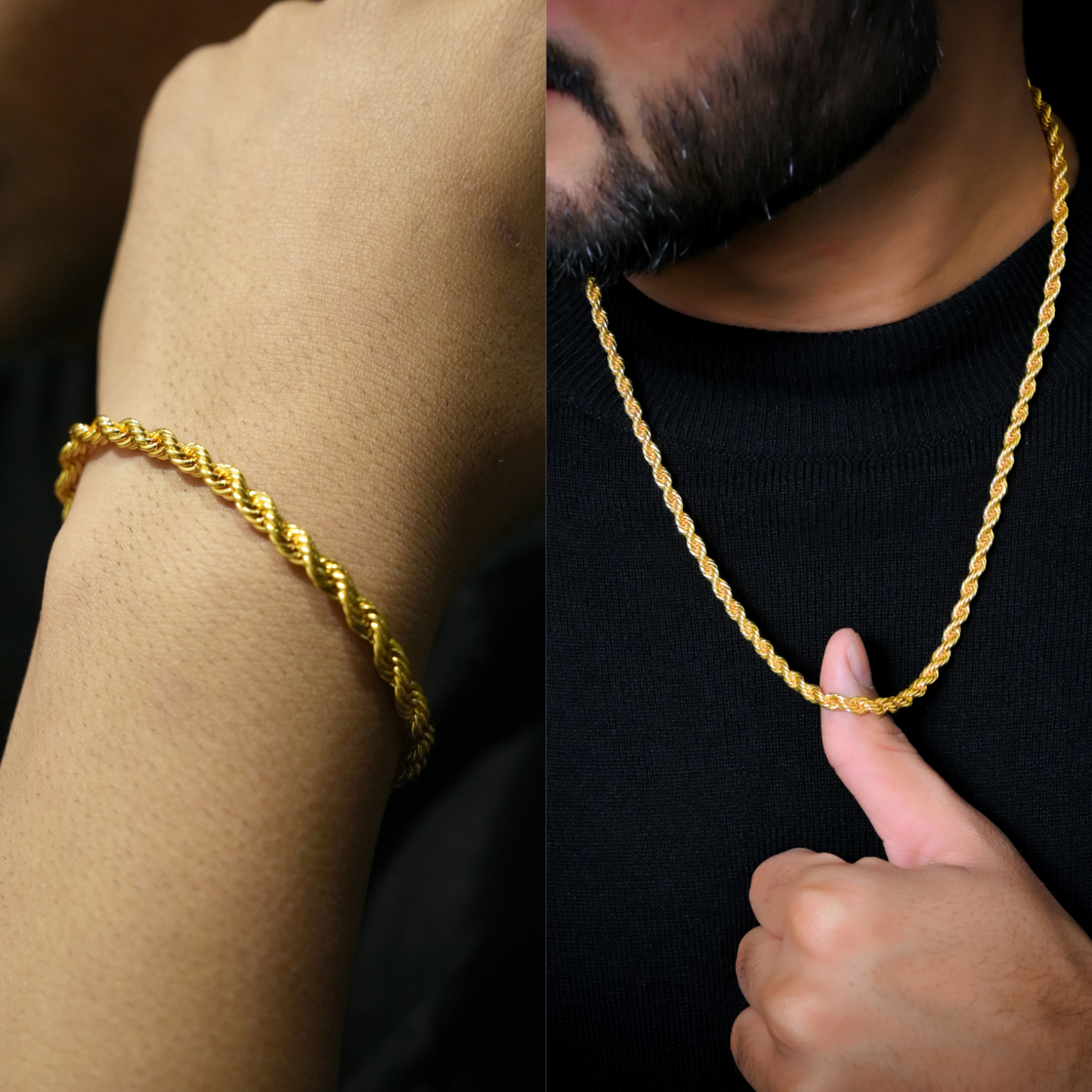 Luxury Gold Rope Chain Necklace & Bracelet Combo Set