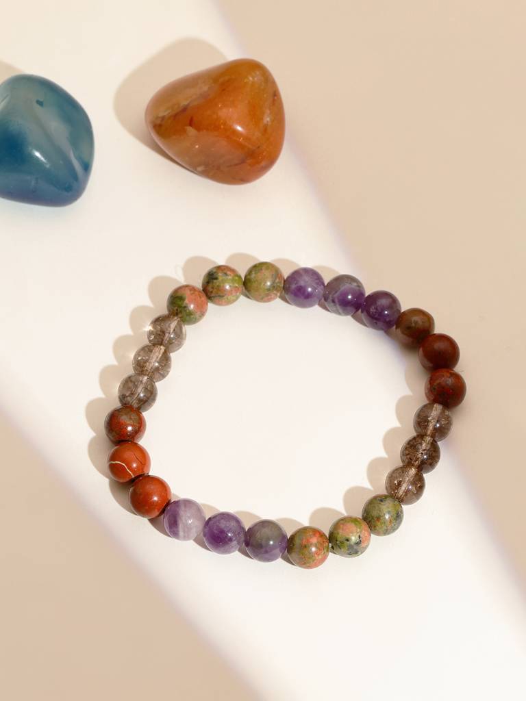 Red Carnelian, Lapis Lazuli, Amethyst And Green Avanturine Multi-Coloured Cyrstal Beads Bracelet