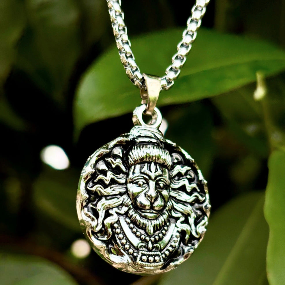 Hanuman Ji Face Locket With Silver Plated Chain